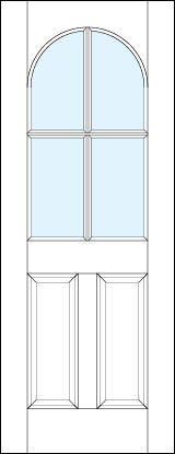 front entry panel doors with glass top & dual bottom raised panels & half circle top arch with cross true divided lites