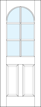 front entry panel doors with glass up top & dual bottom raised panels & top arch with six section true divided lites