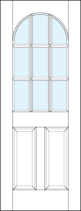 front entry panel doors with glass up top & dual bottom raised panels & top arch with nine section true divided lites