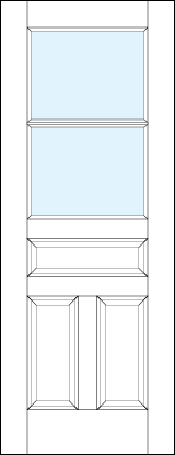 front entry panel doors with glass top, dual bottom and center raised panels & horizontal true divided lites