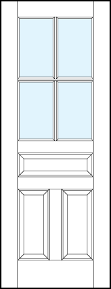 interior panel doors with glass interior top, dual bottom and center raised panels & cross true divided lites