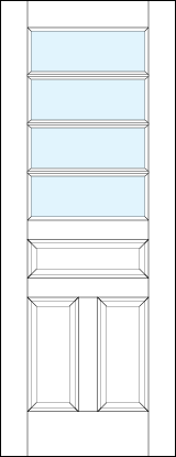 front entry panel doors with glass top panel, dual bottom and center raised panels & three true divided lites