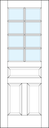 front entry panel doors with glass top, dual bottom and center raised panels & eight section true divided lites