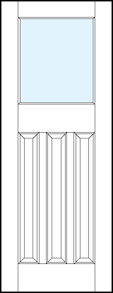 front entry panel doors with glass top panel, three bottom vertical raised panels