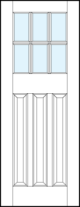 front entry panel doors with glass top, three bottom vertical raised panels and six section true divided lites