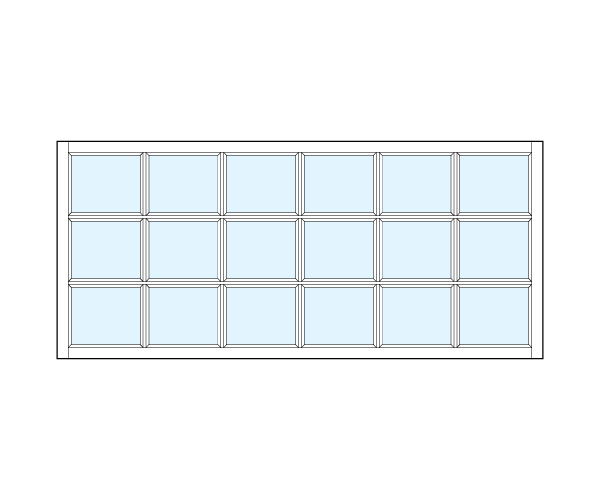 interior transom windows with eighteen equally sized square glass panels divided by true divided lit