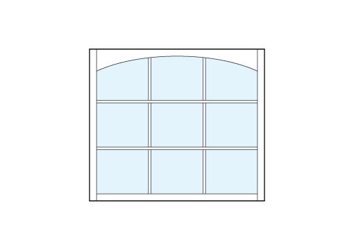 square front entry craftsman style transom windows with true divided lites between nine glass panels and arch-top