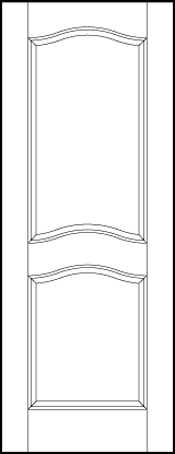 front entry custom panel doors with two sunken panels, rectangle on top and small square on bottom all with arches