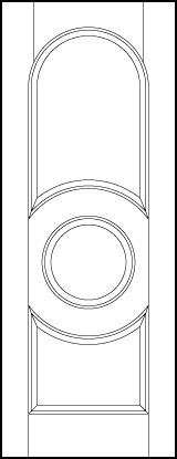 front entry door with half circle rounded top panel, center circle panel, and inverse arched bottom sunken panel