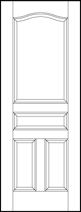 front entry flat panel door with arch top panel, horizontal center, and two vertical bottom sunken panels