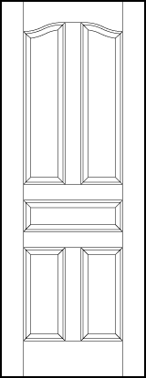 stile and rail front entry wood doors with tall arched vertical top panels, center and medium tall panels