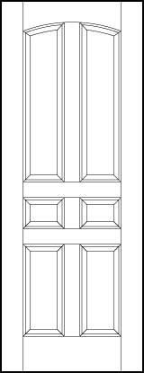 stile and rail front entry wood doors with six vertical rectangle sunken panels with curved arch top