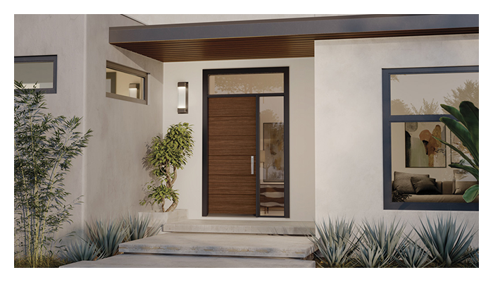 Modern stucco home with mahogany exterior door, all glass transom and sidelite