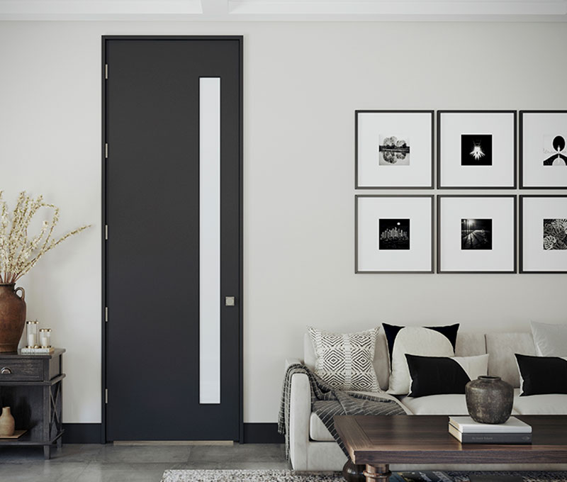 TMFG1010 is a new door style featuring a flush door with a single narrow strip of glass running vertically