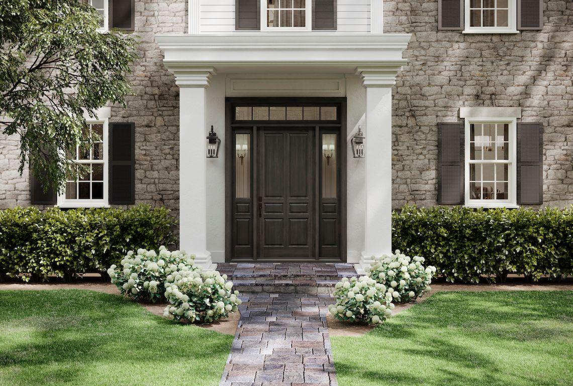 entry system with traditional black door with sidelites and transoms