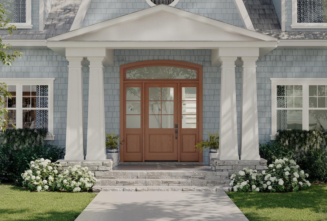 door with glass panel entry system with sidelites and arched transom