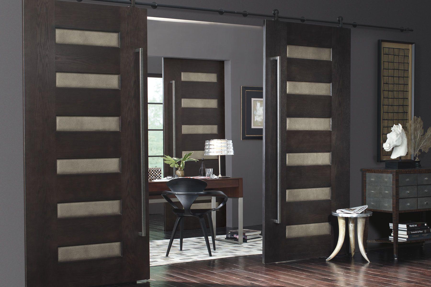 dual barn modern style interior doors with six frosted glass inserts