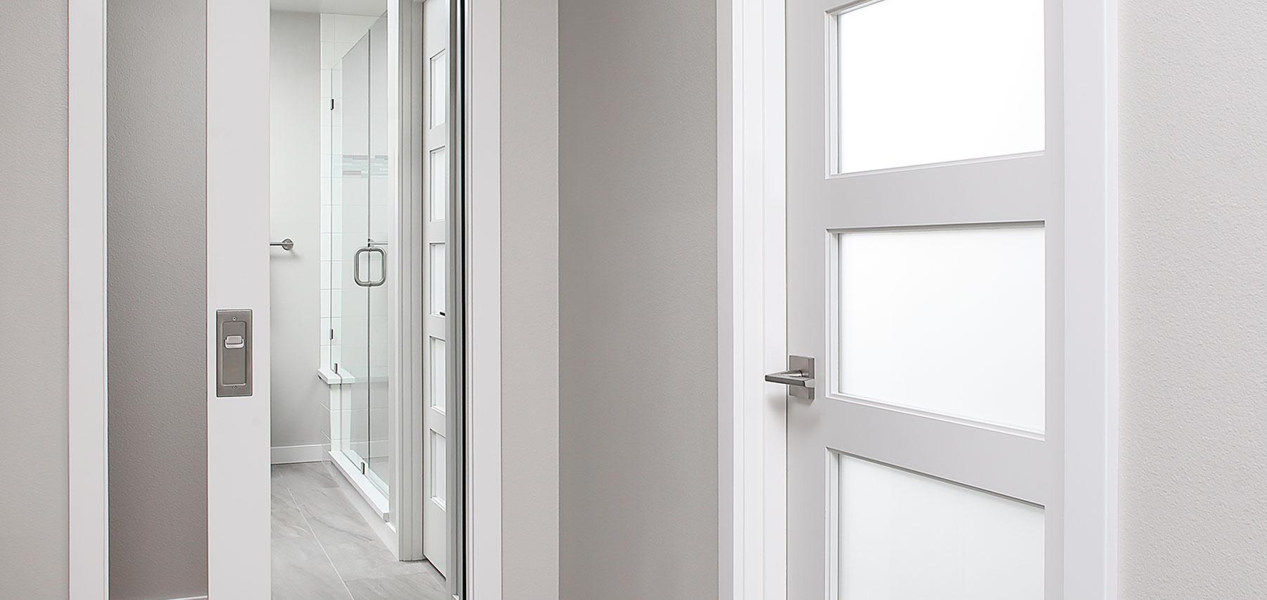 TM9000 pocket door with inset mirror and TS5000 with white lami glass