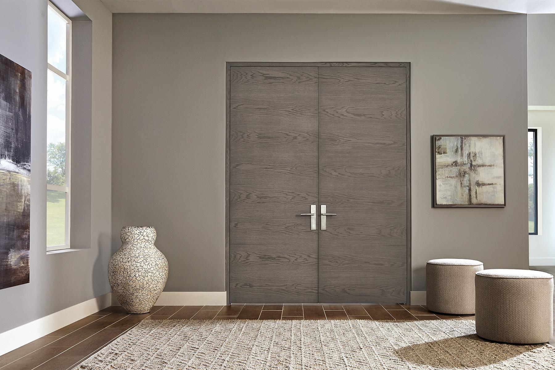 Pair of TMF1000 flush doors in plain sawn white oak with Grey Mist stain