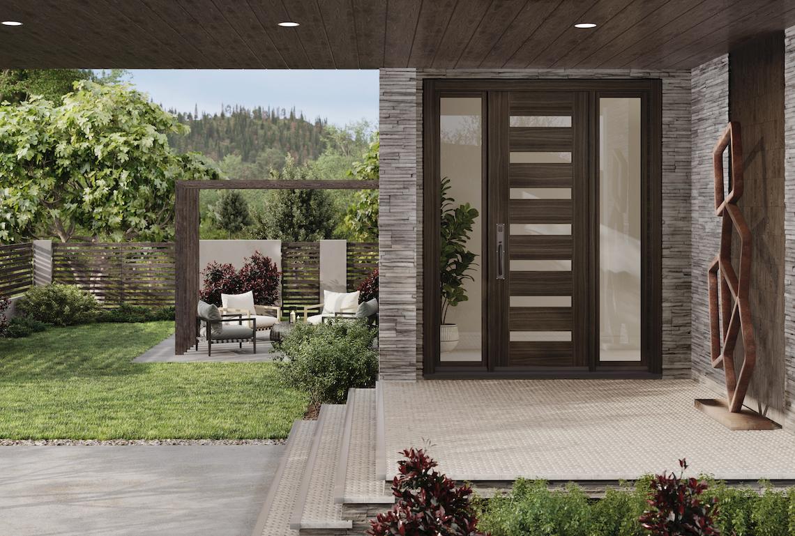 stile and rail modern entry door with seven horizontal glass inserts and two sidelites