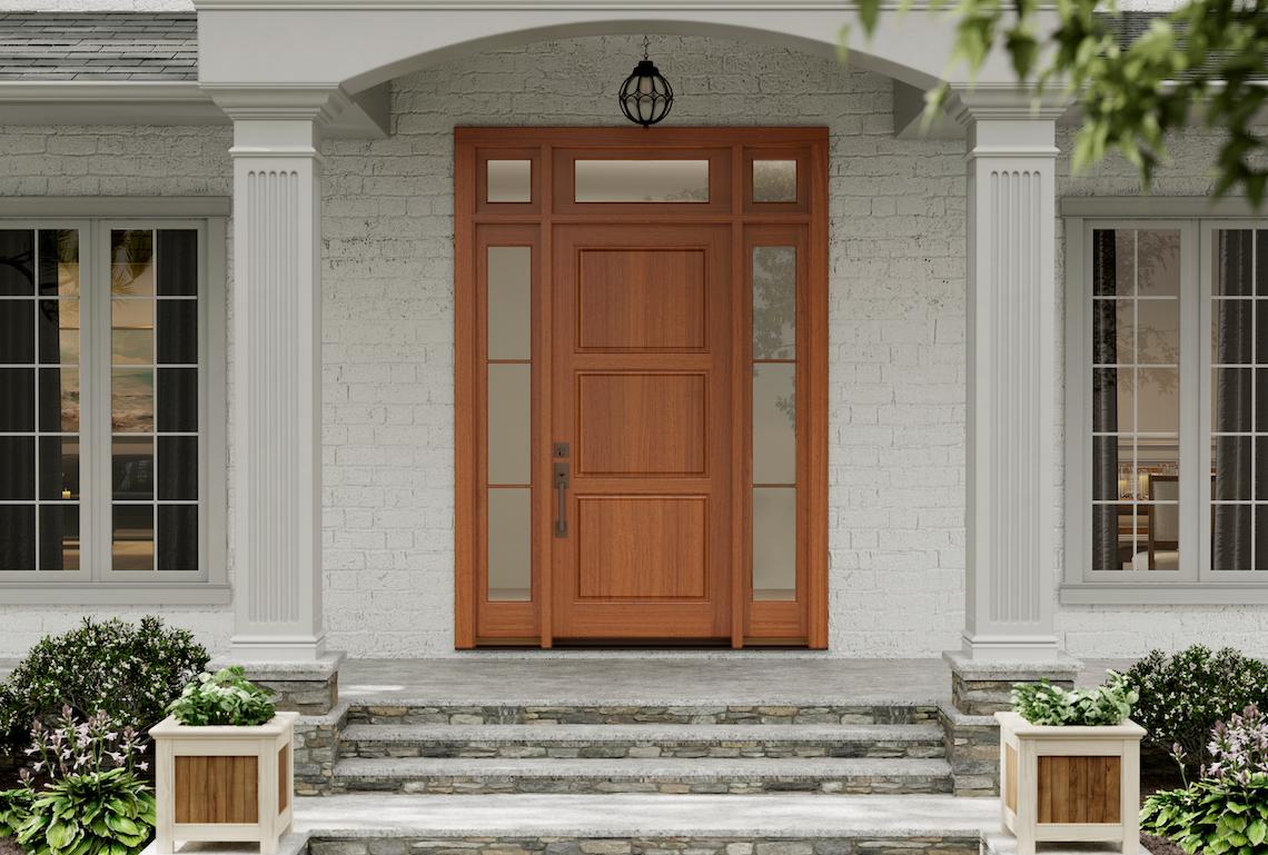 three panel traditional door entry system with two sidelites and transoms
