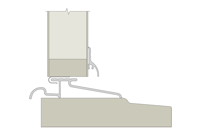 cross section drawing of solid wood sill with brass interlock