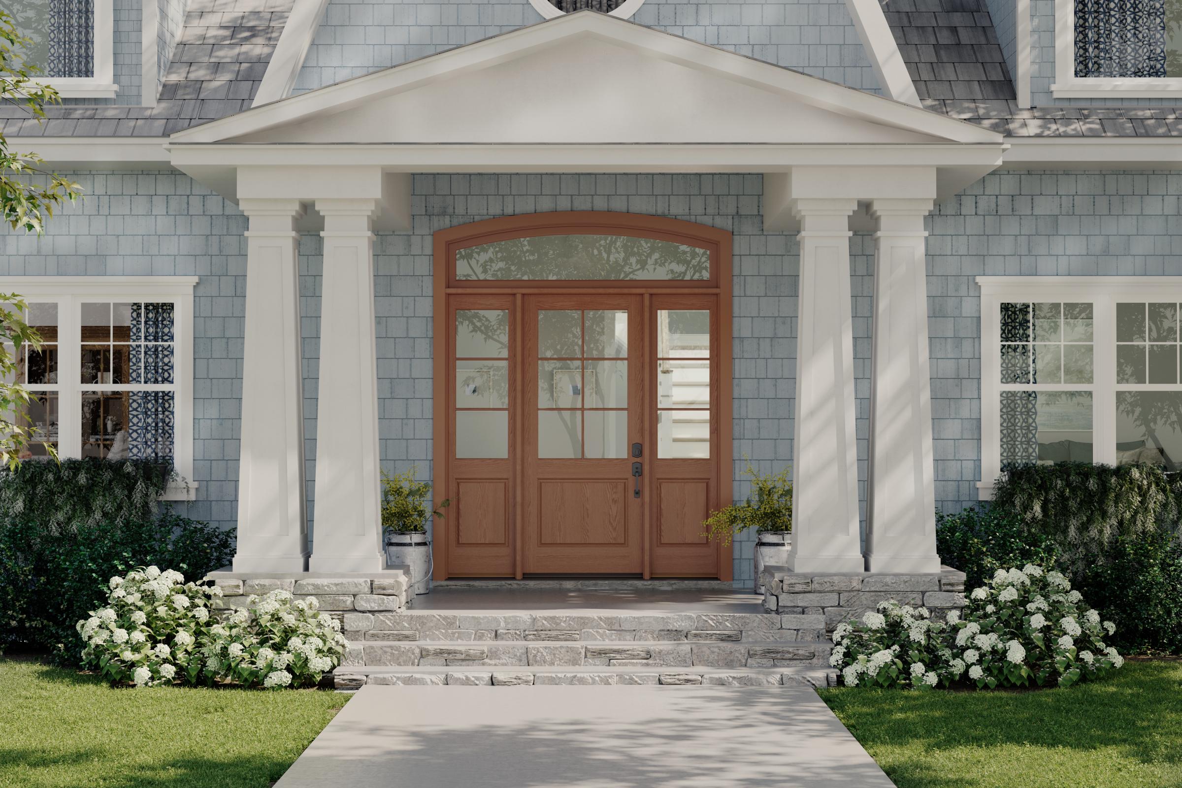 wood doors with glass interior top with transom and two sidelites