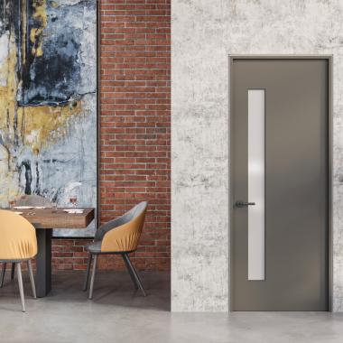 tmfg1010 in mdf with white lami glass set in an industrial style dining room.