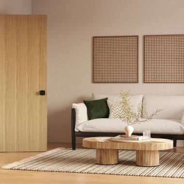 TMF1000 wooden flush door set in a Japandi style living room.