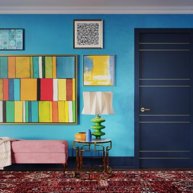 tmir4200 modern flush door with brass metal inlays set in a maximalist style space.