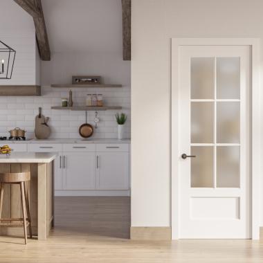 FL616 mdf door with frosted glass set in a modern farmhouse kitchen space.
