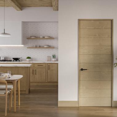 TMIR10000 wooden flush door with kerf cuts set in a Nordic style kitchen space.