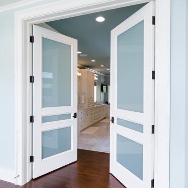 Master bath features a pair TS3070 doors in MDF with Bolection moulding (BM) and frosted glass