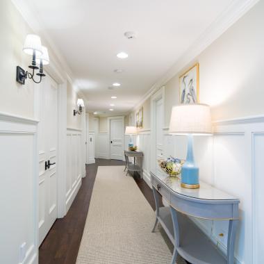 Hallway lined with TS3070 doors in MDF with Bolection moulding (BM) and Flat (C) panel.