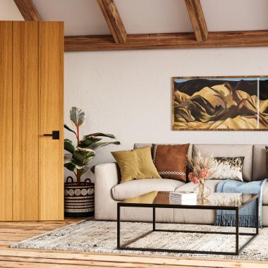 TMP1003 wooden plank door set in a rustic living room.