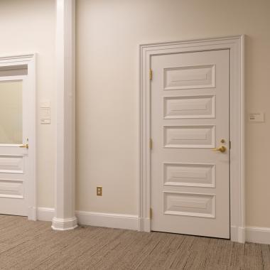 Custom MDF doors with clear glass, Bolection (BM) moulding and Senior Raised (E) panel.