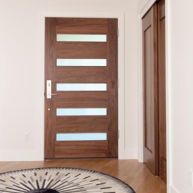 TM5100 exterior door in walnut with white lami glass and one step (OS) sticking