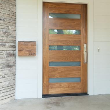 TM5100 exterior door in walnut with white lami glass and one step (OS) sticking