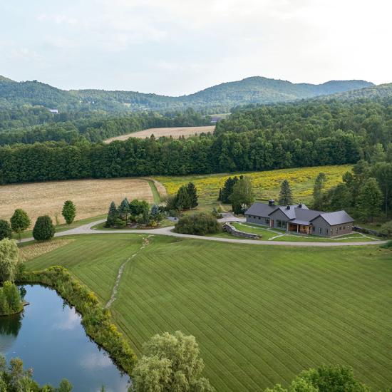 Aerial view of rustic home in Vermont