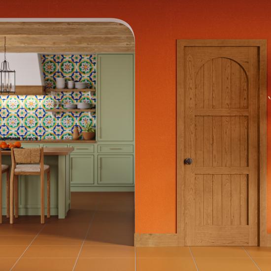 VG3030 wooden v-groove door set in a Mediterranean style kitchen space.