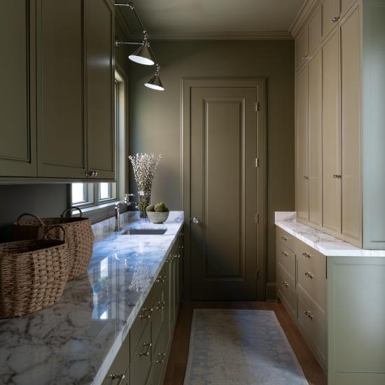 Butler's pantry features MDF TS1000 with low profile bolection moulding and double hip panel