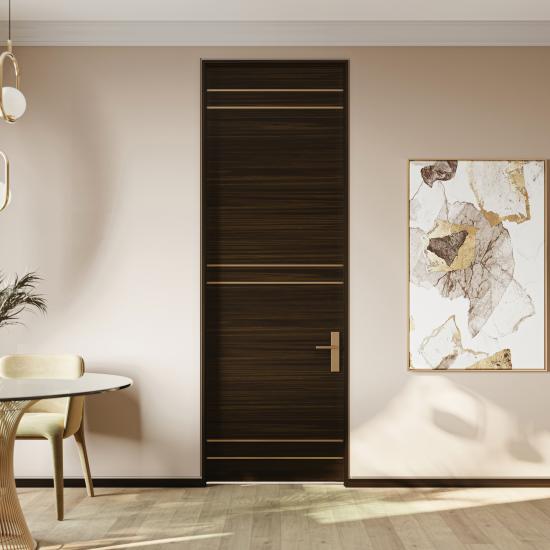 TMIR3200 in mahogany with Espresso finish, 1/2” Brushed brass inlay, and flush-to-wall jamb with 1/2” Z-reveal trim