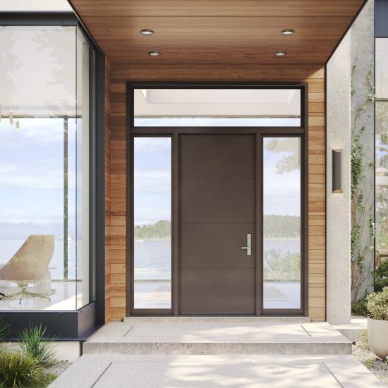TMIR4000 Resilient™ wood entry door with 1/4" kerf cut reveal is surround by glass to maximize the view.