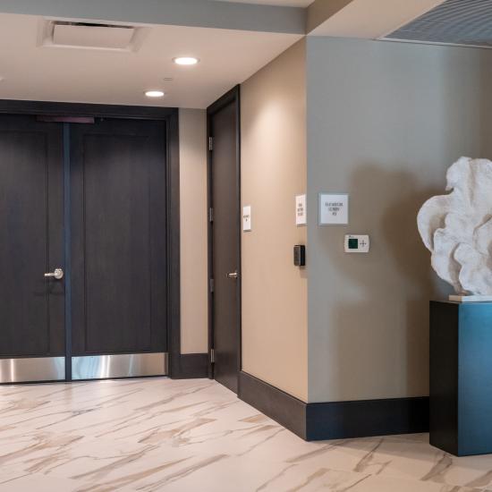 Condominium tower featuring TS1000 doors, in rift sawn white oak with Quirk (QM) moulding and Flat (C) panel in lobby.