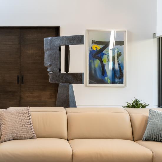 Family room features a pair of TMIR3080 pocket doors in quarter sawn white oak with ¼" kerf cut reveals. Builder provided stain finish.