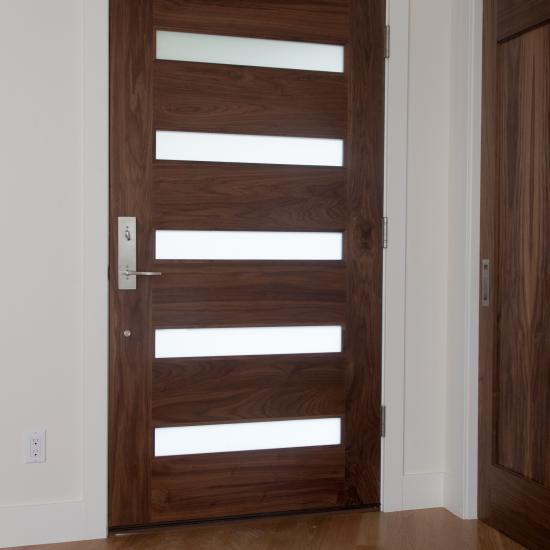 TM5100 exterior door in walnut with white lami glass and one step (OS) sticking