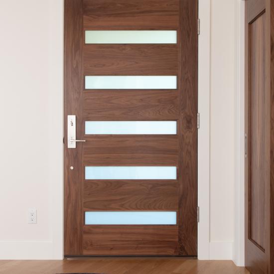 TM5100 exterior door in walnut with white lami glass and one step (OS) sticking