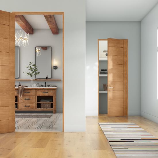 This bathroom features a TMIR9001 door in white oak with 1/4" kerf cut reveals and Nutmeg stain