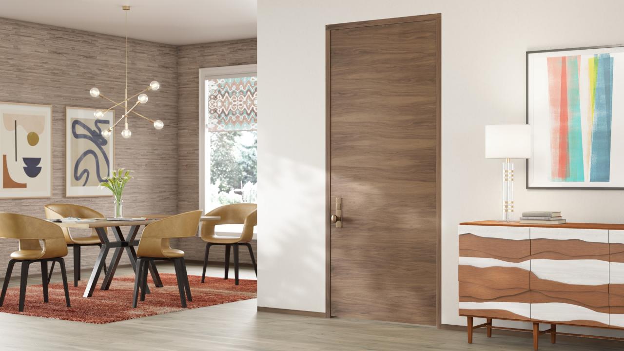 TMF1000 modern flush wood door in walnut with White Haze stain.