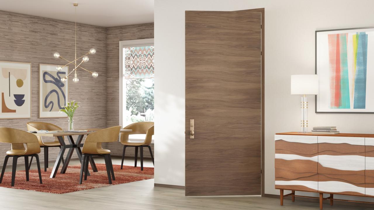 TMF1000 modern flush wood door in walnut with White Haze stain.